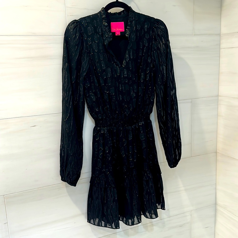 Lilly Pulitzer Long Sleeve Silk Mini Dress- black w metallic- Size 0